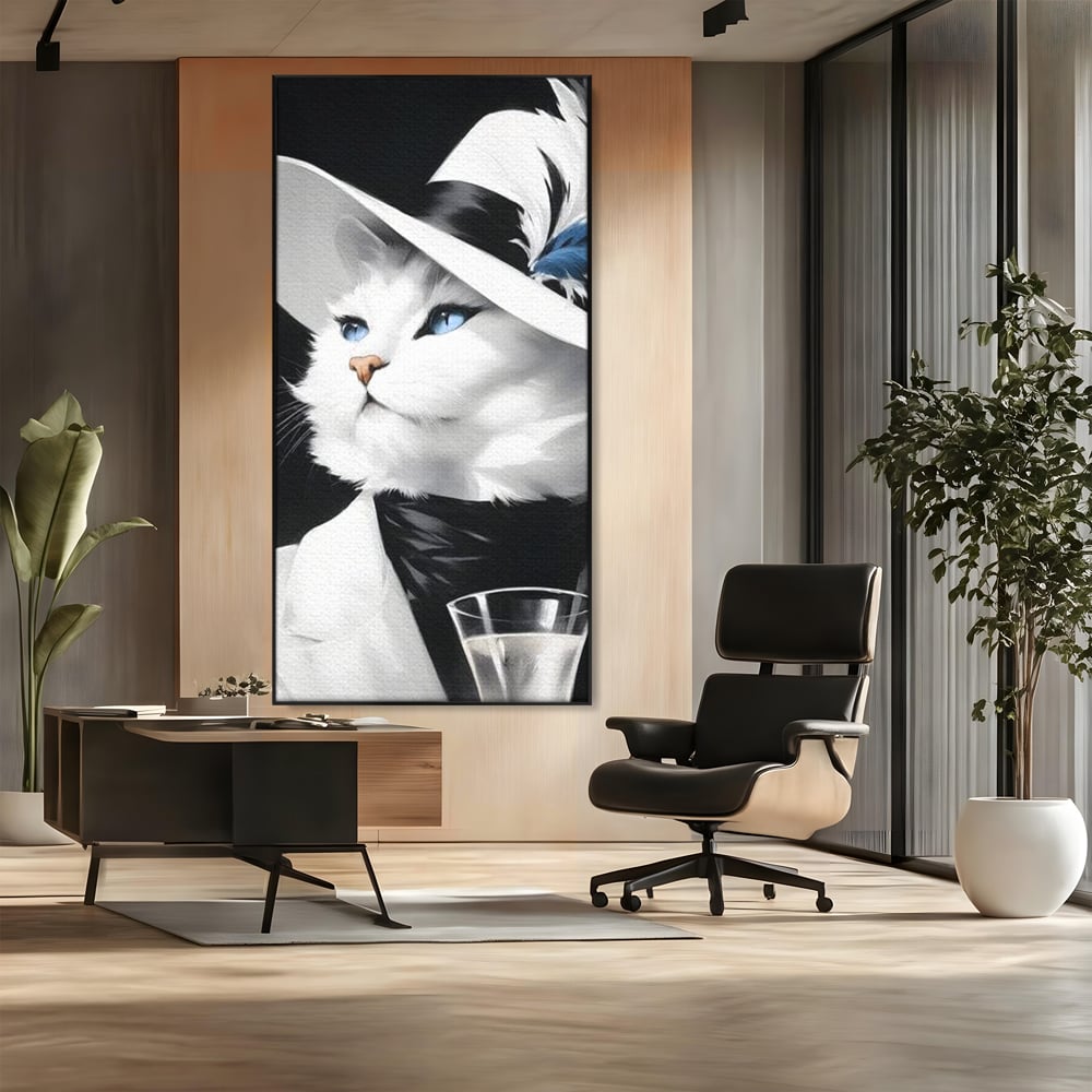 Tablou canvas cu tablou canvas cu pisica aristocrata purtand palarie, in rama de aluminiu negru, pe perete intr-un birou